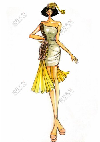 黄色时尚紧身裙设计图