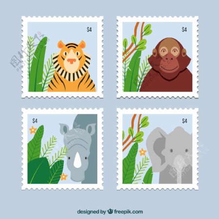 4款创意动物邮票矢量素材