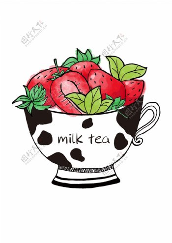 清新草莓奶茶插画