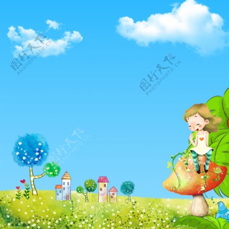 漫画人物卡通风景蘑菇草地蓝天白云素材
