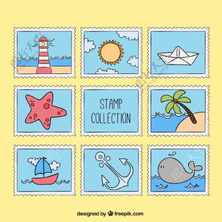 彩绘航海元素邮票矢量