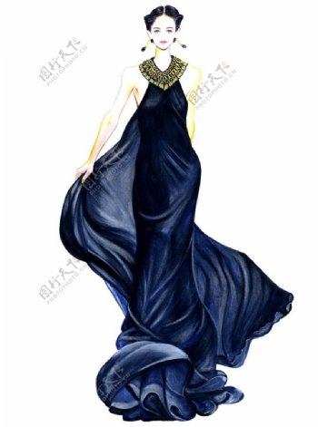 深蓝色长裙礼服设计图
