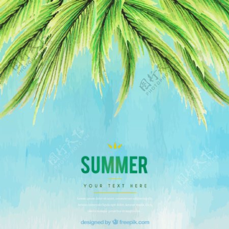 清新彩绘夏季椰子树叶夏季促销海报