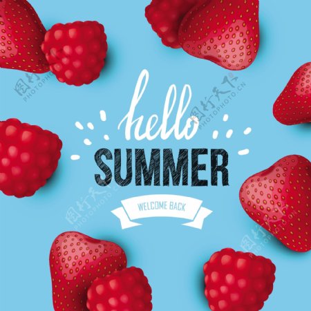 蓝色草莓夏日水果矢量海报