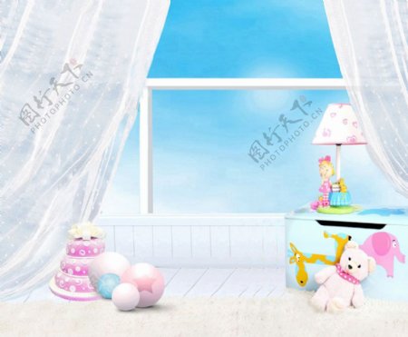 窗户前的儿童玩具影楼摄影背景图片