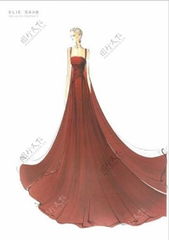 红色长裙礼服设计图
