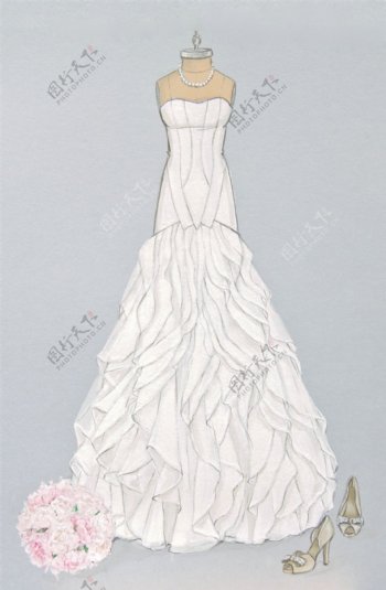 白色花瓣抹胸婚纱设计图