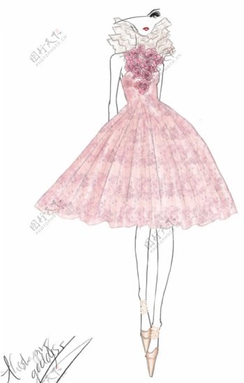 粉色花朵蓬蓬裙设计图