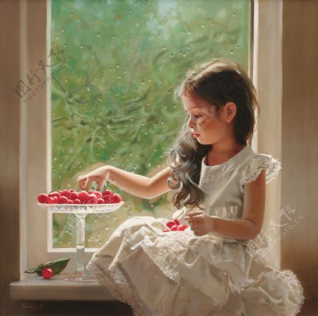 吃樱桃的小女孩油画图片