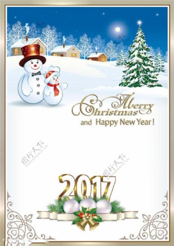 雪地上的雪人和圣诞树图片