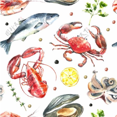 海鲜龙虾鱼素描手绘水果食物矢量图