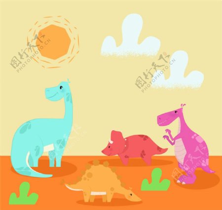 4只卡通侏罗纪恐龙矢量素材