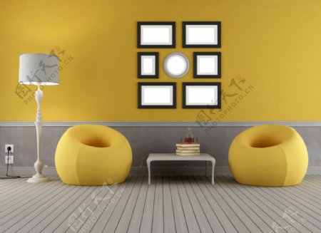 茶几与黄色个性沙发图片