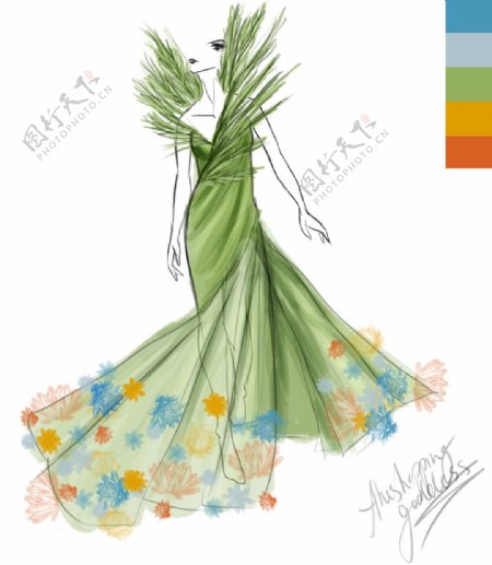 青色花朵长裙设计图