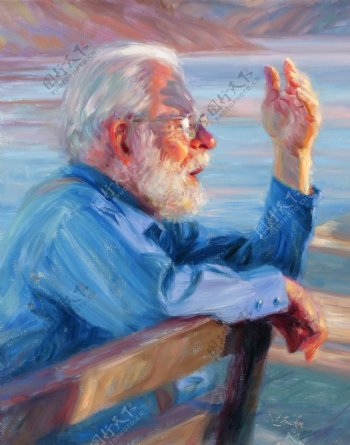 坐在椅子上看大海的老人油画图片