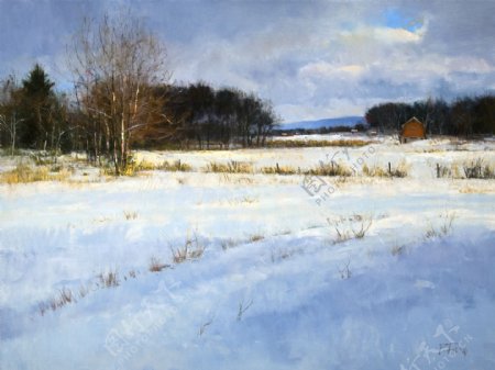 冬天雪地风景油画图片