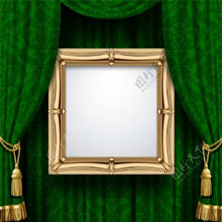 绿色幕布金色相框图片