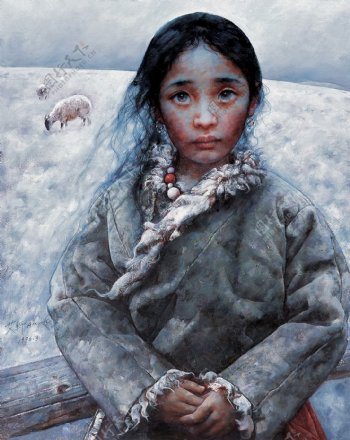 西藏女孩肖像油画图片