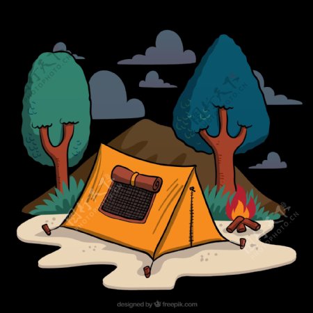 创意手绘野营帐篷和篝火矢量素材