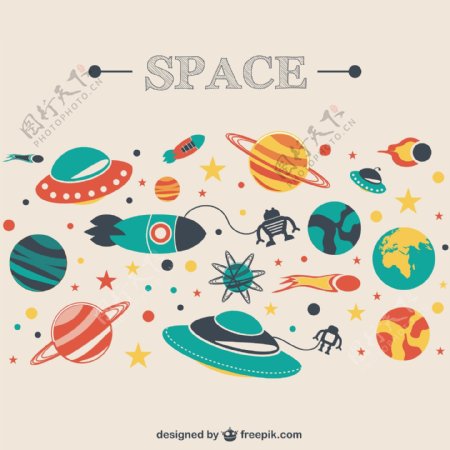 卡通太空探险插画矢量素材图片