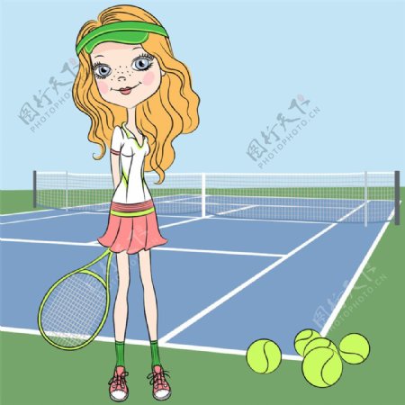 站在网球场的女孩图片