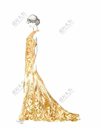 金色花纹长裙礼服