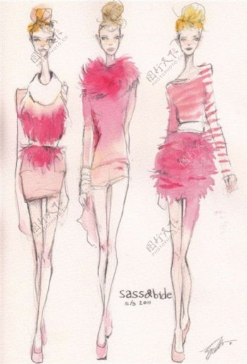 3款粉色连衣裙设计图