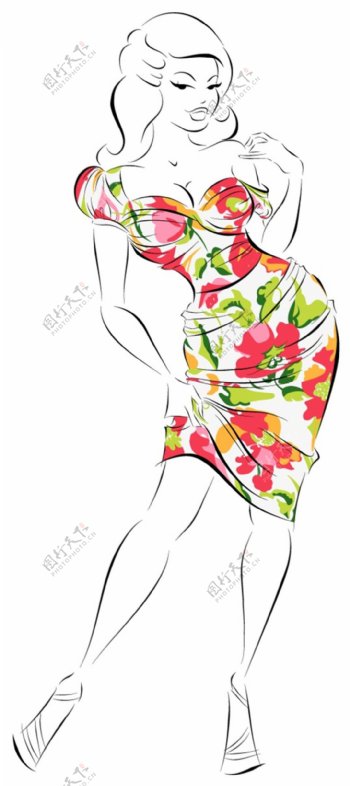 低胸花朵紧身裙设计图