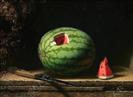 西瓜与水果刀静物油画图片