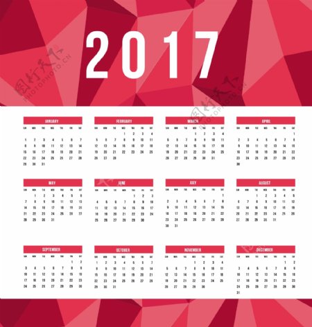 伟大的2017日历与几何图形红色调