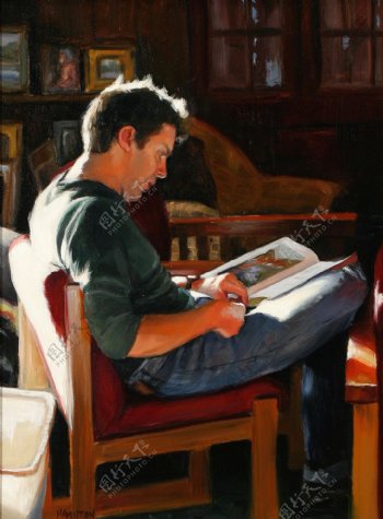 坐着看书的男人油画图片