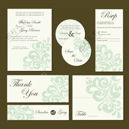 绿色花纹婚礼卡片