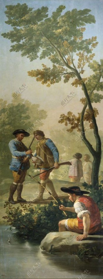 猎人与钓鱼的人物油画图片