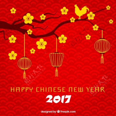红色幸福的中国新年背景与枝金花