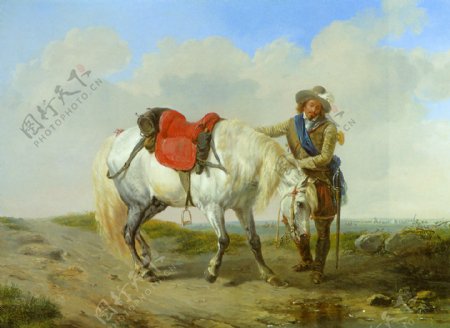 白马与人物油画写生图片