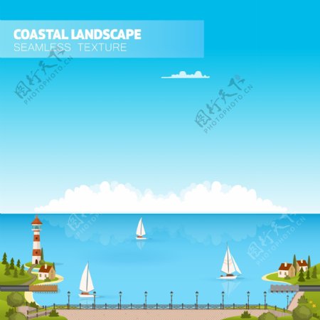 卡通海岸和帆船风景矢量素材