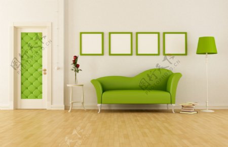 客厅内的绿色沙发图片