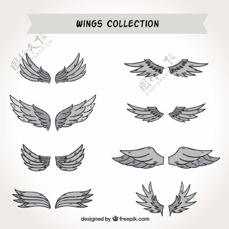 灰色调手绘风格翅膀双翼矢量素材