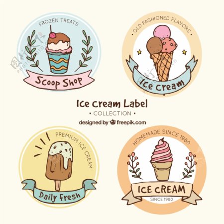 各种手绘风格圆形冰淇淋标签