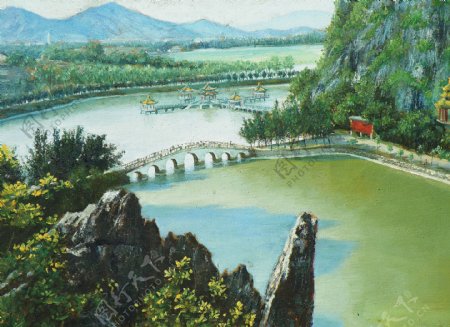 桥与小屋油画图片