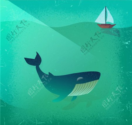卡通插画鲸鱼和小帆船