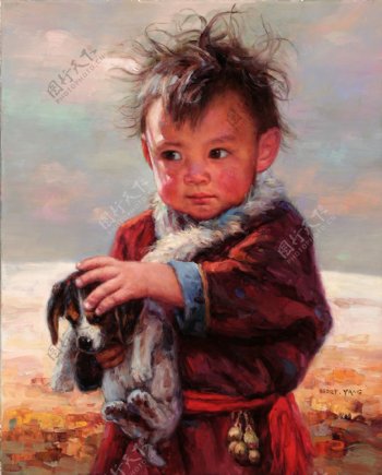 抱着小狗的男孩油画肖像图片