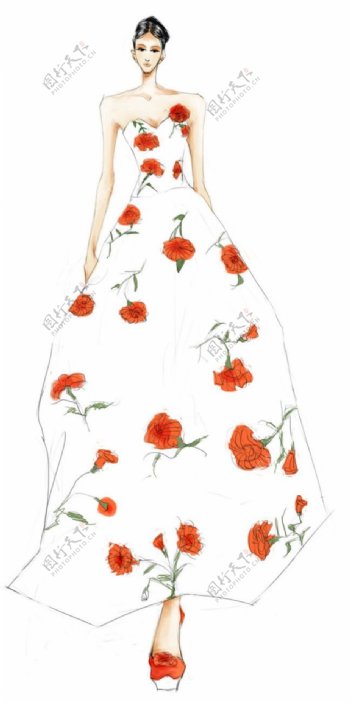 红色花朵长裙设计图