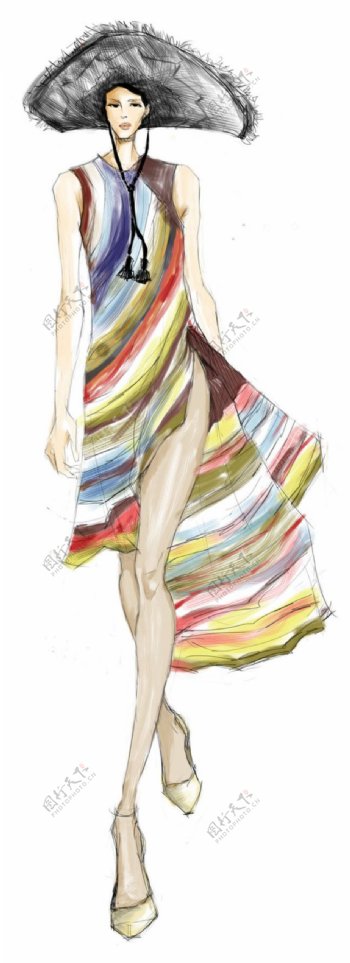 彩色条纹连衣裙