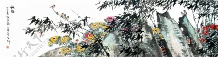 竹子山石水墨画图片