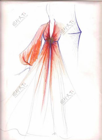 深V红裙设计图