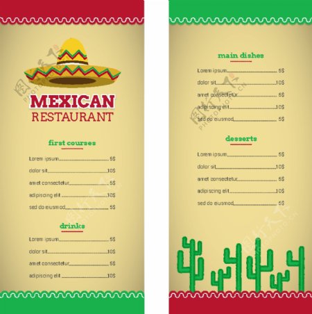 墨西哥食品菜单上的墨西哥帽子和仙人掌
