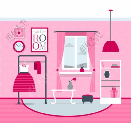粉色卧室设计矢量素材