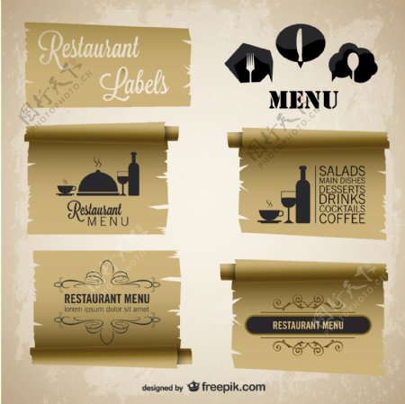 餐厅菜单老式纸标签集