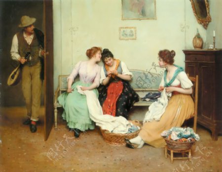 室内的欧洲妇女油画图片
